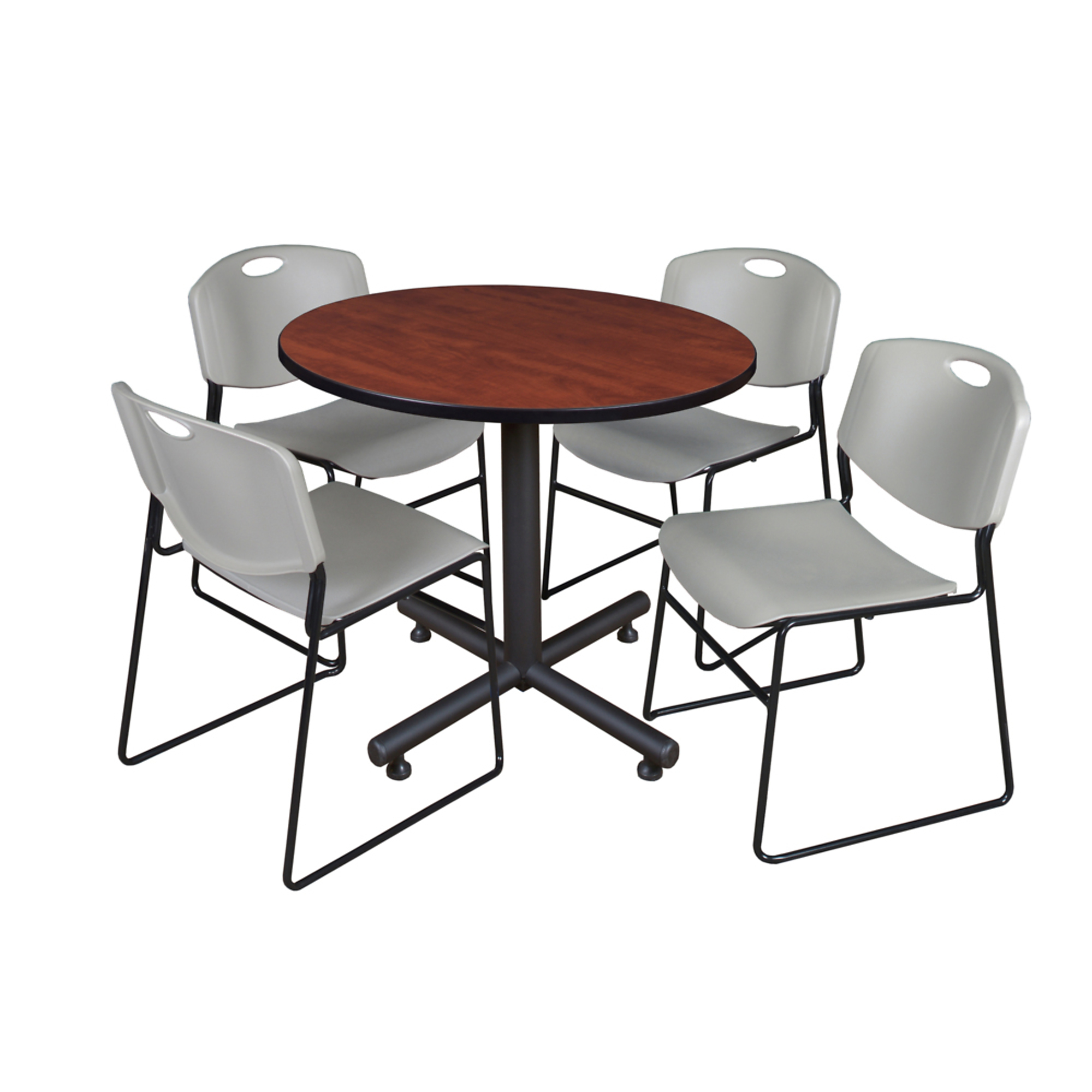 Regency Kobe Round Breakroom Table with X-Base and 4 Zeng Stack Chairs — 42in., Cherry/Maple, Grey, Model# TKB42RNDCH44GY